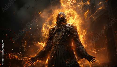 Fictitious recreation of a cyborg demon monk burning surrounded fire. Illustration AI photo