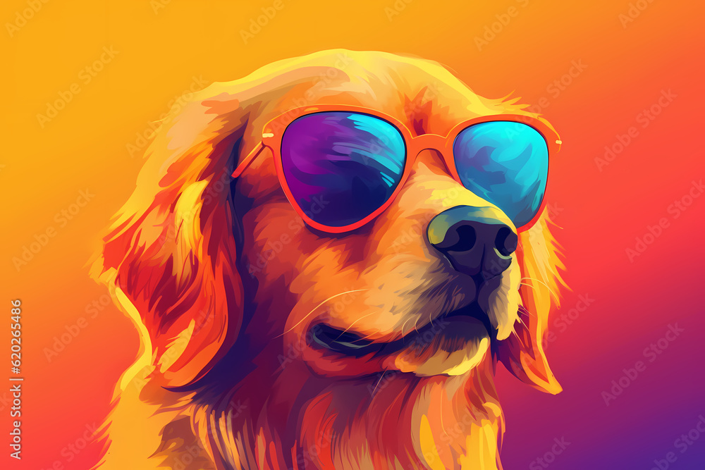 Cute Golden Retriever wearing Sunglasses, Colorful Yellow Background, AI-Generated Image	