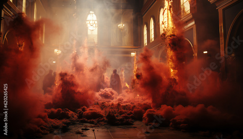 Tenebrist recreation of red smoke inside a church with monks. Illustration AI photo