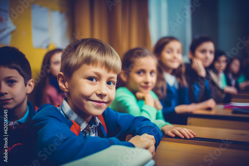 Academic Concept. Smiling junior school boys and girls sitting at desk in classroom, posing and looking at camera. Group of diverse classmates studying. Generative AI.
