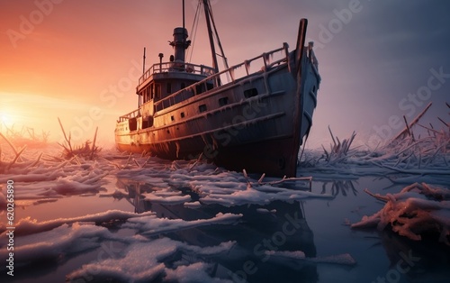A boat sitting on top of a frozen lake. AI ©  Creative_studio
