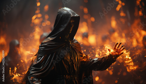 Tenebrist recreation of demonic monk with robes and hoods in fire. Illustration AI photo