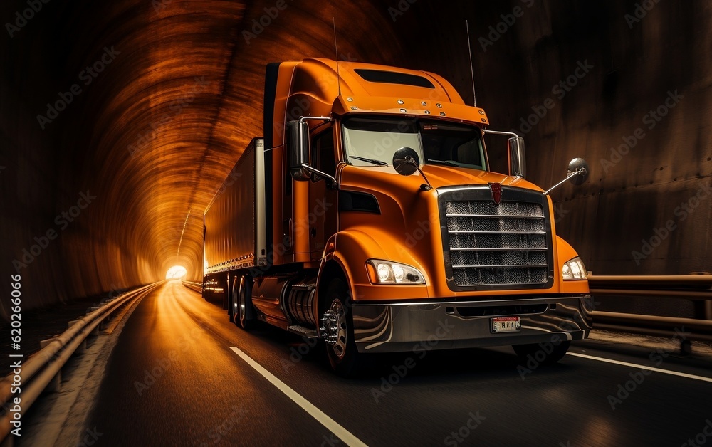 A large orange semi truck driving through a tunnel. AI