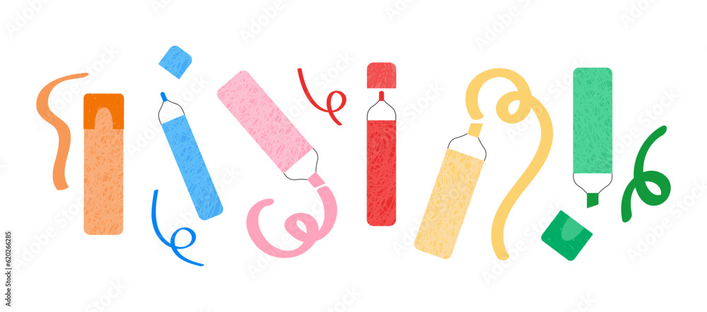 Colorful marker pens set, doodle stationery equipment, highlighter pencil collection with scribble texture. Flat modern vector illustration isolated on white background - obrazy, fototapety, plakaty 