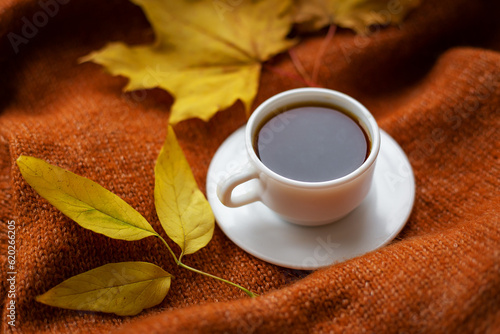 Still life with black coffee in a white cup that stands on a warm cozy sweater, top view, decorations with yellow leaves on the background.