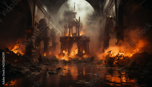 Tenebrist recreation of a catholic altar burning inside a big cathedral or temple in fire. Illustration AI photo