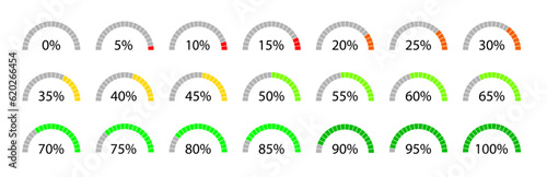 Set of speedometer or rating indicator signs gauge infographic element with percentage different colors eps10