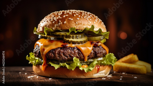 Fototapeta Naklejka Na Ścianę i Meble -  Mouthwatering burger, generated by artificial intelligence.