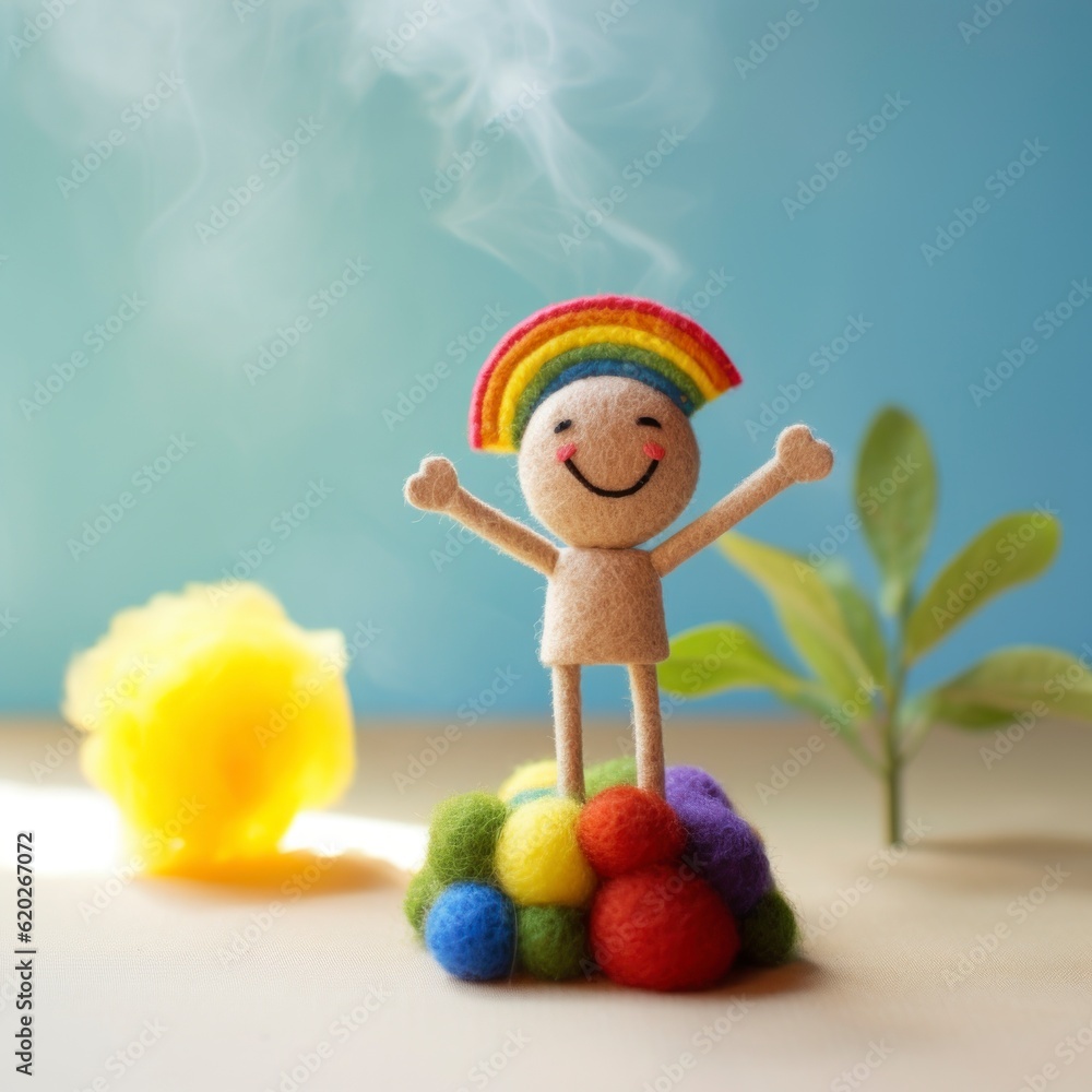Naklejka premium Wool felt miniature sculpture, a smiling rainbow floating in the air
