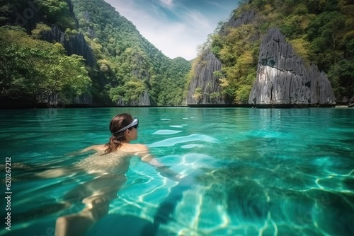 Woman swim in clear sea water in lagoon, traveling (Ai generated)