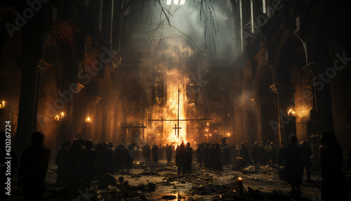 Canvastavla Tenebrist recreation of crosses burning in a altar of a cathedral destroyed