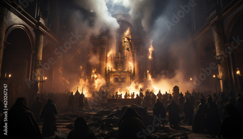 Tenebrist recreation of fire inside a big cathedral with people. Illustration AI