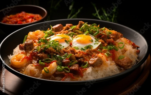 A bowl of noodles with meat, vegetables, and eggs. AI