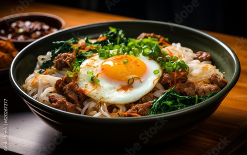 A bowl of noodles with meat, vegetables, and eggs. AI
