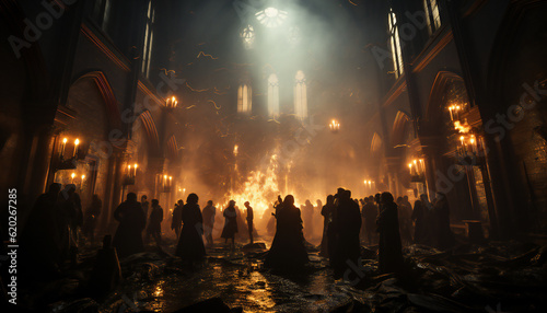 Tenebrist recreation of people inside a big temple in fire. Illustration AI photo