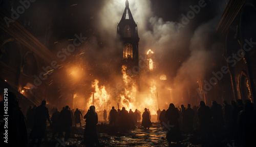 Tenebrist recreation of a big fire with supernatural light and column smoke inside a cathedral destroyed. Illustration AI photo