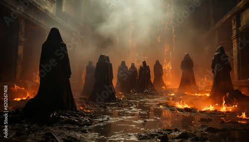 Tenebrist recreation of demonic monks in faceless robes and hoods inside a big temple in fire. Illustration AI photo