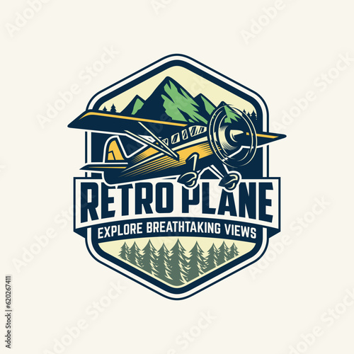 Vintage plane logo. Retro Grunge plane with emblem logo. Vector illustration