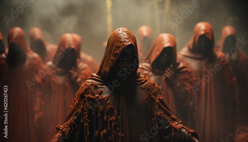 Tenebrist recreation of demonic monks in faceless robes and hoods. Illustration AI