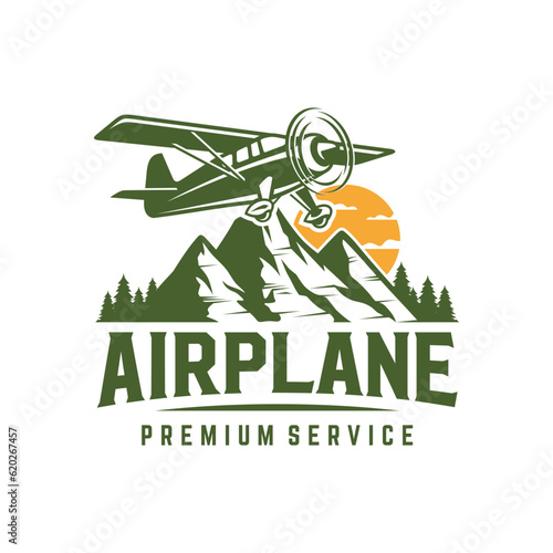 Vintage plane logo. Retro Grunge plane with emblem logo. Vector illustration