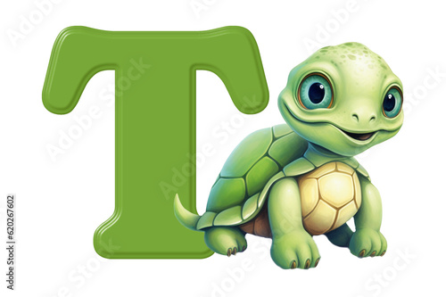 Uppercase letter T with cute turtle illustration  animal alphabet isolated on transparent png background  creative font design for kids education in school  preschool and kindergarten. Generative AI.