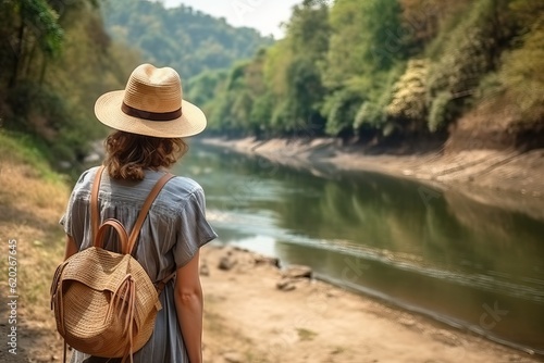Traveling woman with backpack and straw hat at river background (Ai generated) © thesweetsheep