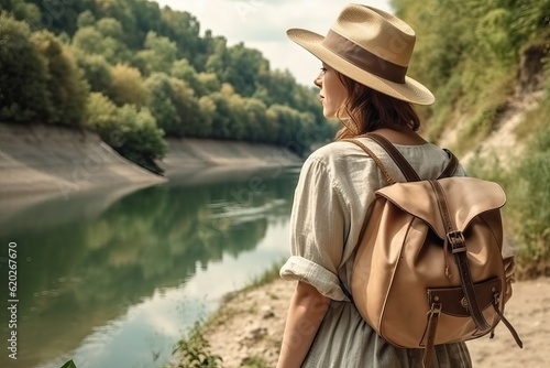 Traveling woman with backpack and straw hat at river background (Ai generated)