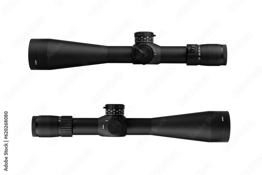 Modern sniper scope on a white back. Optical device for aiming and shooting at long distances. Modern sniper scope on a white back. Optical device for aiming and shooting at long distances.