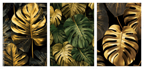 Set of monstera leaves art posters, abstract modern concept art photo