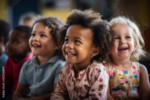 Mixed race group of happy toddlers, sitting in classroom and looking at their teacher.