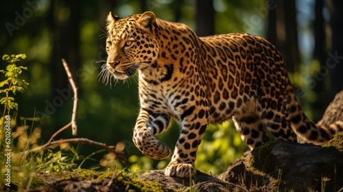 Wild animal Amur leopard in nature in forest. Ai generated © Magiurg