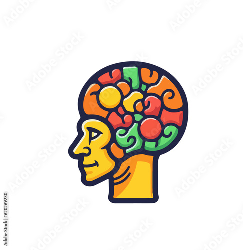 Flat vector illustration of cartoon human head in profile with visible brain