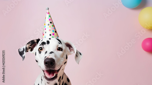 Happy cute dog in party hat celebrating birthday surrounded by falling confetti © reddish