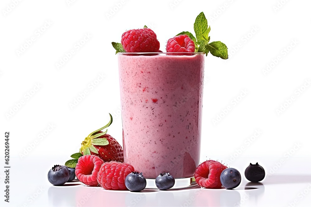 Smoothie with berries: strawberry, raspberry, and blueberry with mint. Glass and fruits isolated on white background Smoothie with berries: strawberry, raspberry, and blueberry with mint. Glass and fruits isolated on white background