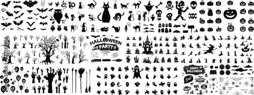 Collection of halloween silhouettes icon and character., witch, creepy and spooky elements for halloween decorations, silhouettes, sketch, icon, sticker. Hand drawn vector illustration - Vector 