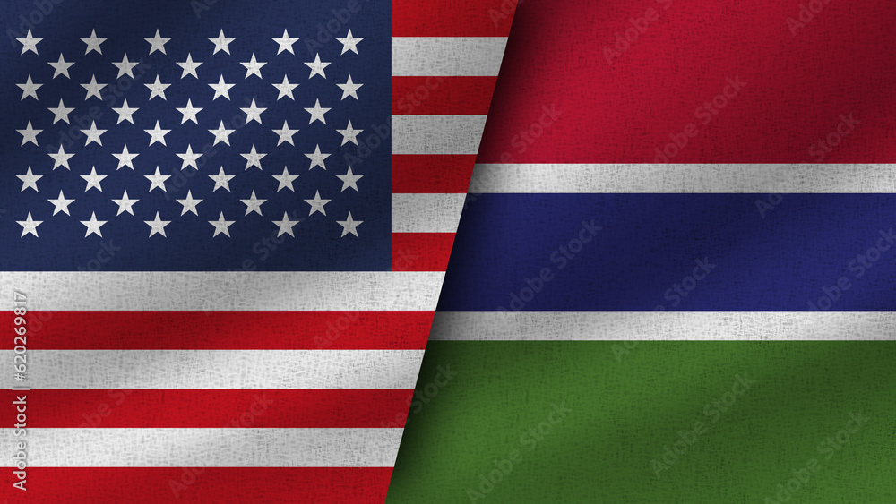 Fototapeta premium Gambia and USA Realistic Two Flags Together, 3D Illustration