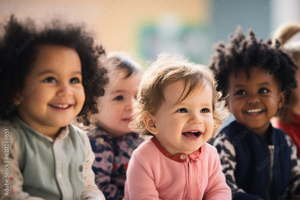 Small happy group of multiracial toddlers, sitting in classroom and looking in awe at their teacher. Small happy group of multiracial toddlers, sitting in classroom and looking in awe at their teacher.