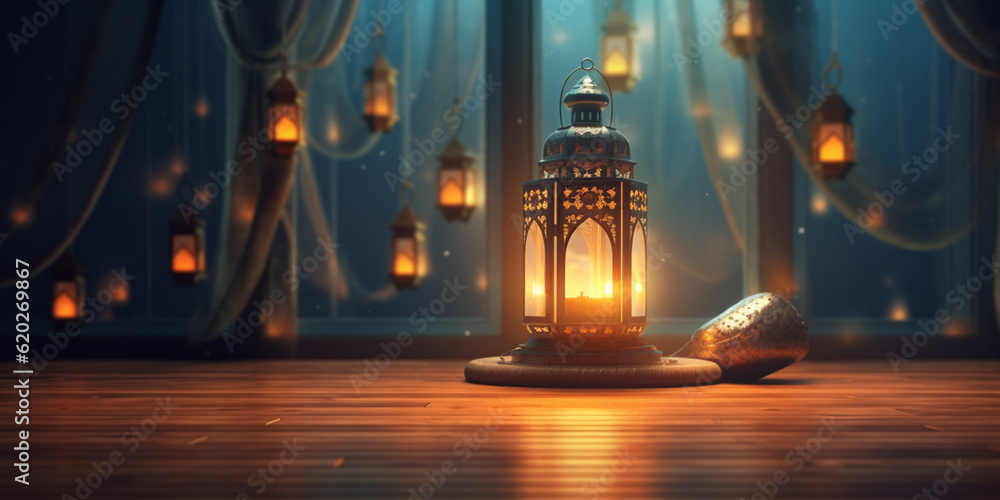 Ramadan festival lantern and props on the floor background. Culture and religion concept. Digital art illustration