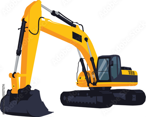 A yellow excavator stands in front of us with the bucket down. Isolated on a white background. Layout of construction equipment