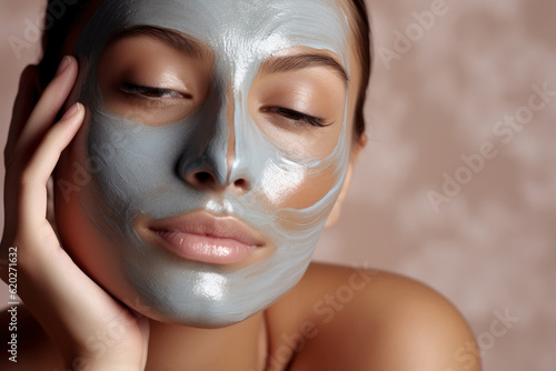 Beautiful woman with facial mask, beauty spa and body care, blue clay face mask, AI Generated