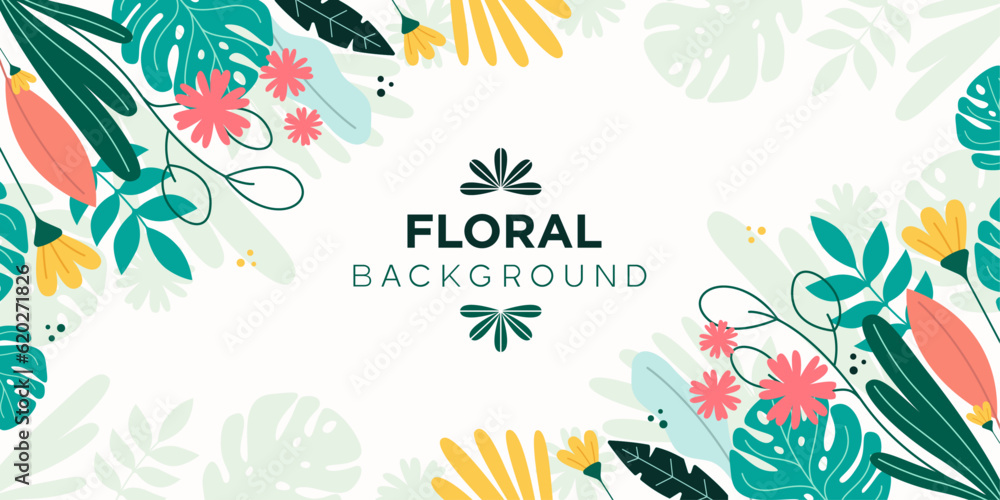 Background with flowers and plants in flat style, in vector.