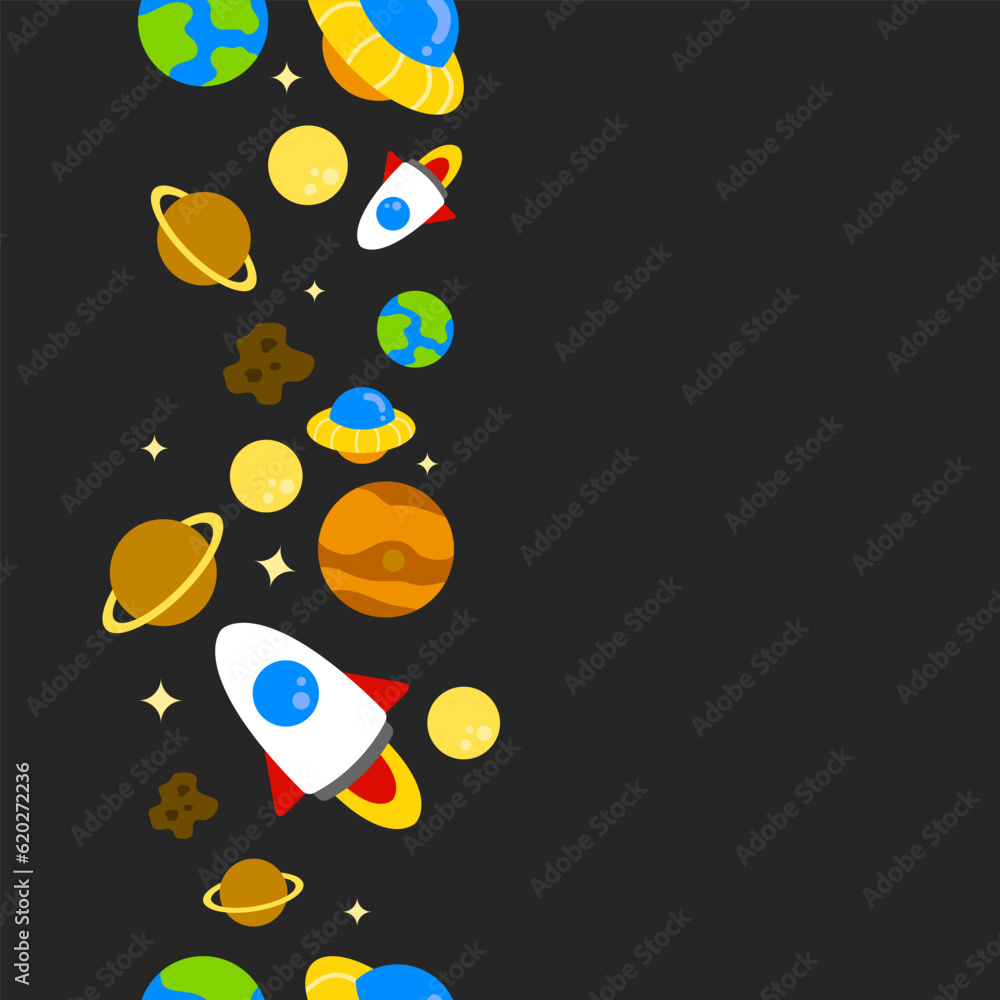 colorful space elements vertical seamless pattern on black background. vector abstract illustration.