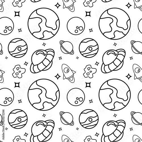doodle space elements seamless pattern on white background. vector abstract illustration.