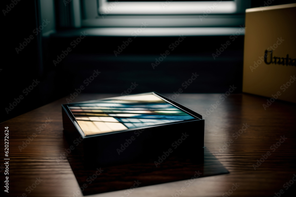Fototapeta premium A Box Sitting On A Table In Front Of A Window