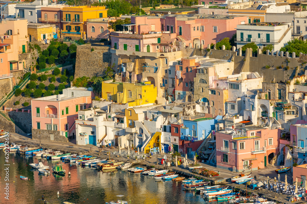 Aerial of Marina di Corricella, Procida, Flegrean Islands, Campania Aerial of Marina di Corricella, Procida, Flegrean Islands, Campania