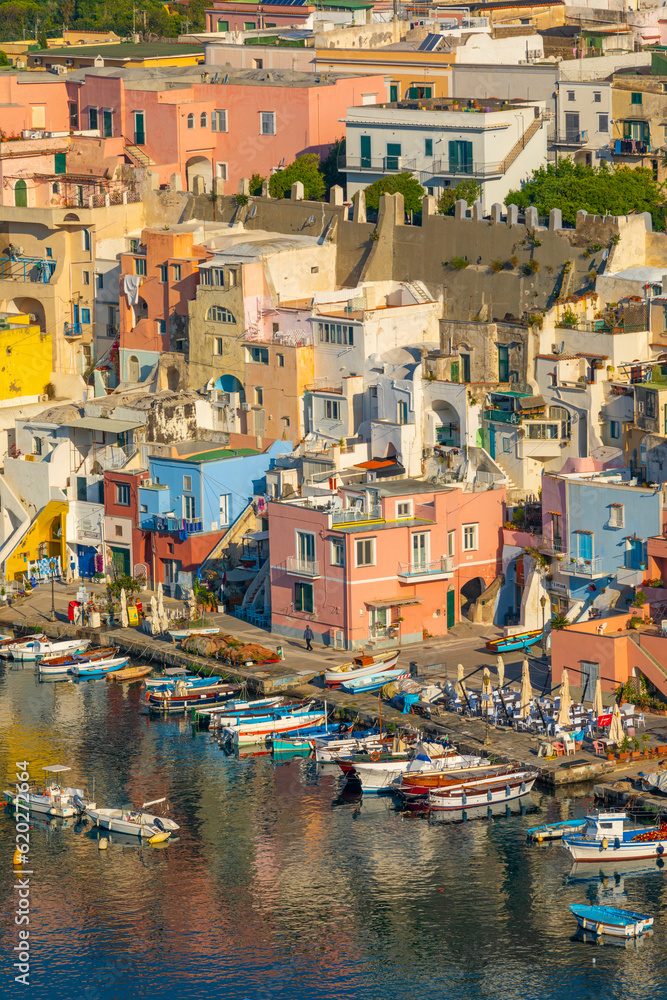 Aerial of Marina di Corricella, Procida, Flegrean Islands, Campania Aerial of Marina di Corricella, Procida, Flegrean Islands, Campania