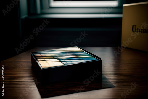 A Box Sitting On A Table In Front Of A Window