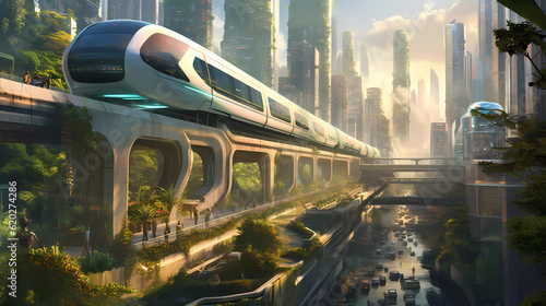 A futuristic train riding thru a city in the future, early in the morning. Generativ AI.