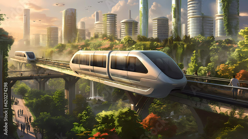 A small modern and sleek train riding thru a green energy city. Generativ AI.