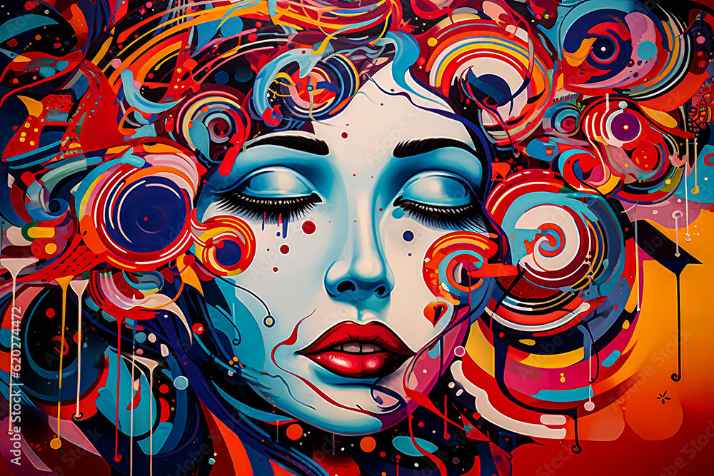 Generative AI illustration of Caucasian girl face surrounded by color in abstract illustration style. Generative AI illustration of Caucasian girl face surrounded by color in abstract illustration style.